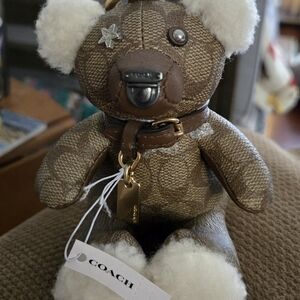 Coach Brown and White Teddy Bear Keychain